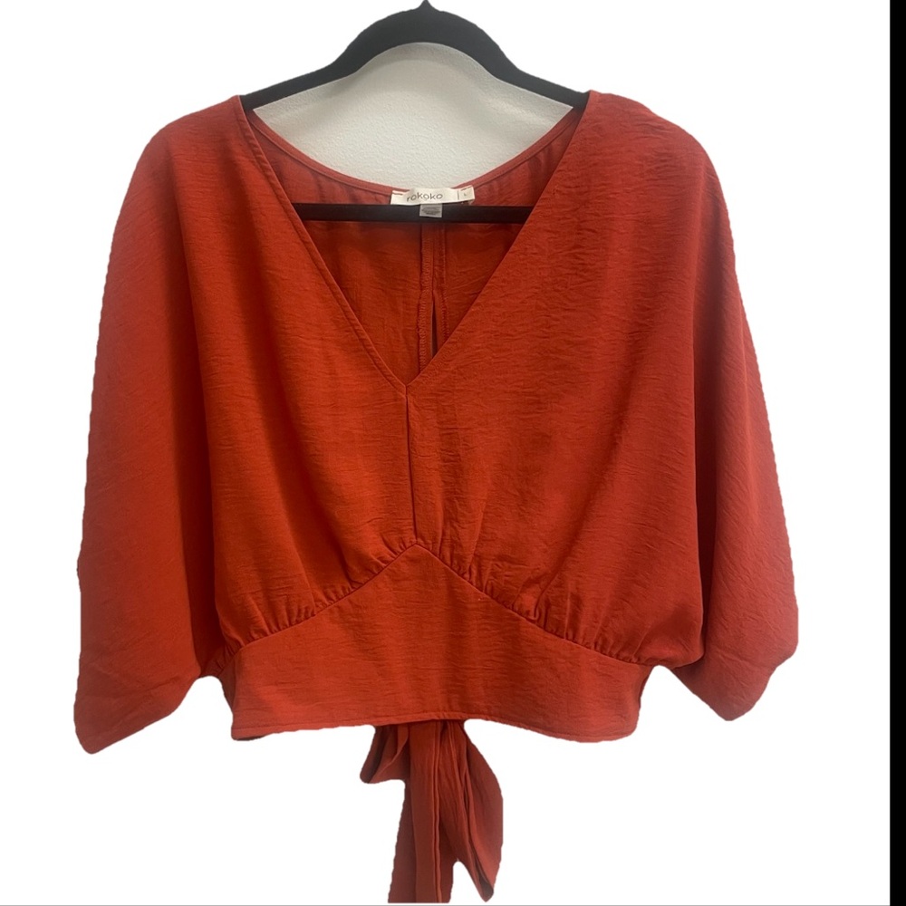 Boho Blouse Rust Orange Tie Back Crop Flutter Sleeve V-Neck Top Rokoko Large